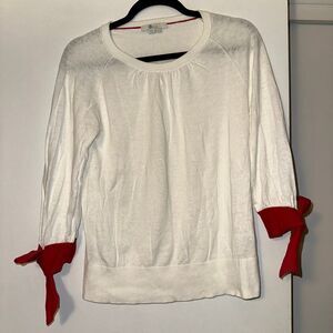 Boden Women’s Small Linen Blend Crew Sweater Cream Red 3/4 Bow Sleeves EUC